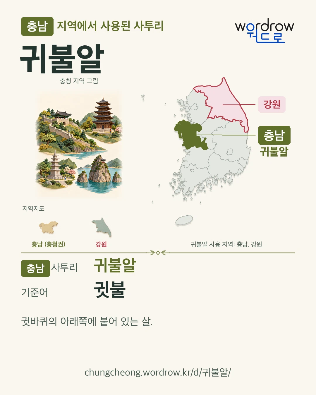 충남 지역에서 사용된 사투리 ‘귀불알’. 기준어: 귓불. 기록 지역을 표시한 지역 그림과 지도 카드.