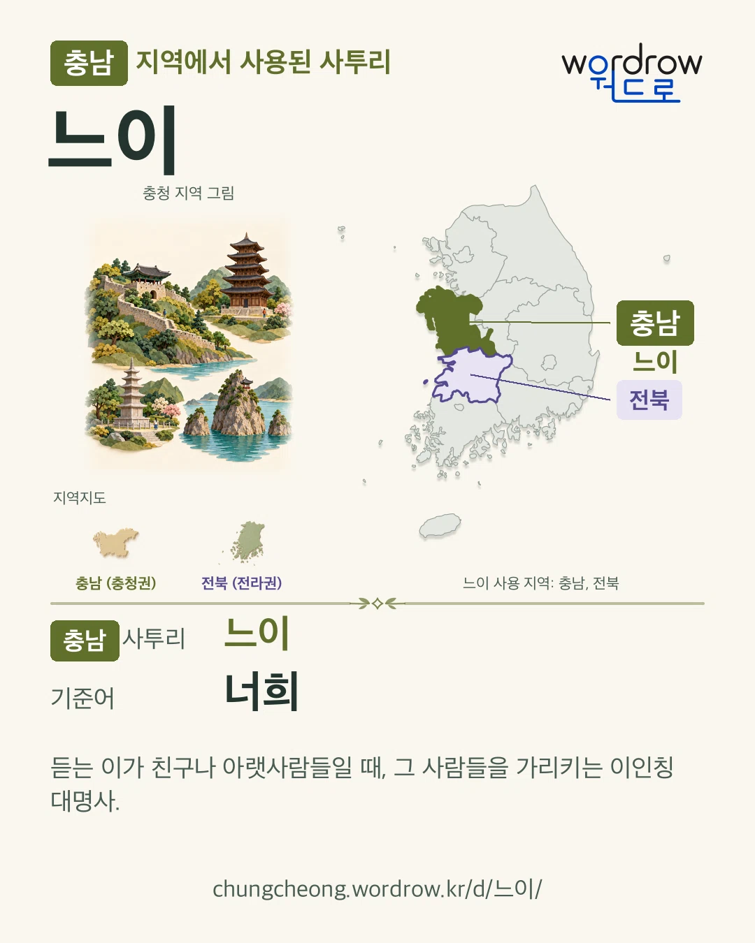 충남 지역에서 사용된 사투리 ‘느이’. 기준어: 너희. 기록 지역을 표시한 지역 그림과 지도 카드.