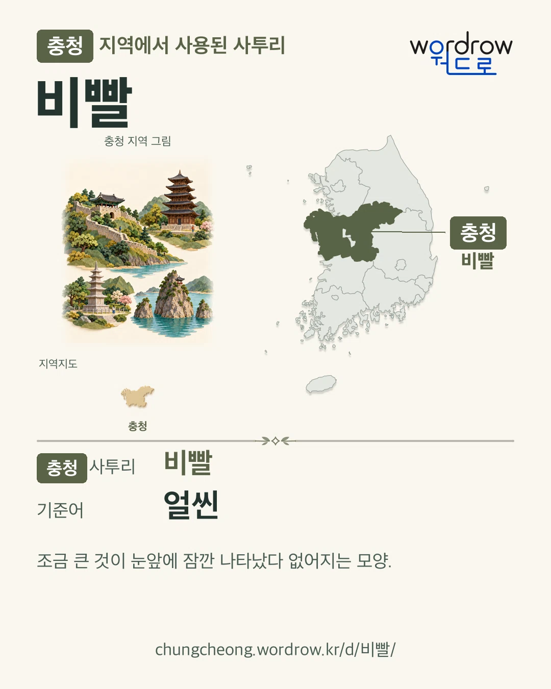 충청 지역에서 사용된 사투리 ‘비빨’. 기준어: 얼씬. 기록 지역을 표시한 지역 그림과 지도 카드.