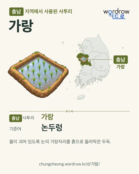 충남 지역에서 사용된 사투리 ‘가랑’. 기준어: 논두렁. 기록 지역을 표시한 카툰 삽화와 지도 카드.