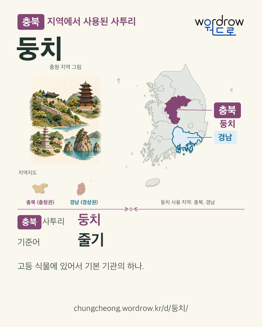 충북 지역에서 사용된 사투리 ‘둥치’. 기준어: 줄기. 기록 지역을 표시한 지역 그림과 지도 카드.