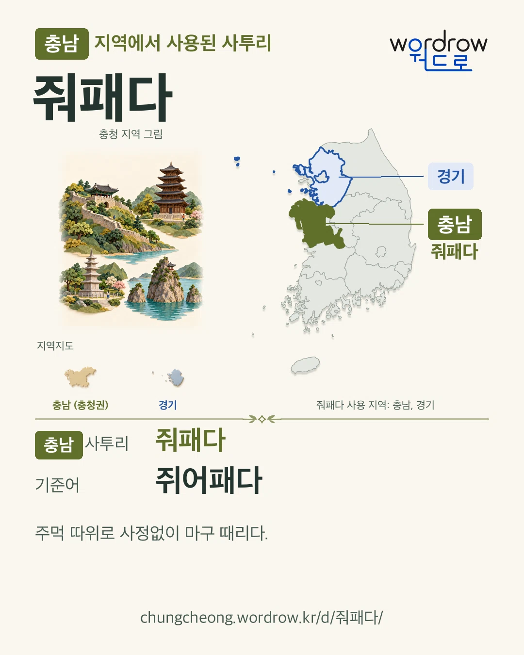 충남 지역에서 사용된 사투리 ‘줘패다’. 기준어: 쥐어패다. 기록 지역을 표시한 지역 그림과 지도 카드.