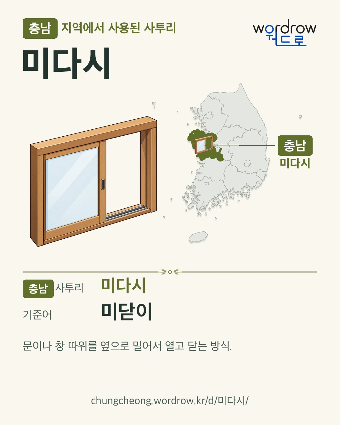 충남 지역에서 사용된 사투리 ‘미다시’. 기준어: 미닫이. 기록 지역을 표시한 카툰 삽화와 지도 카드.