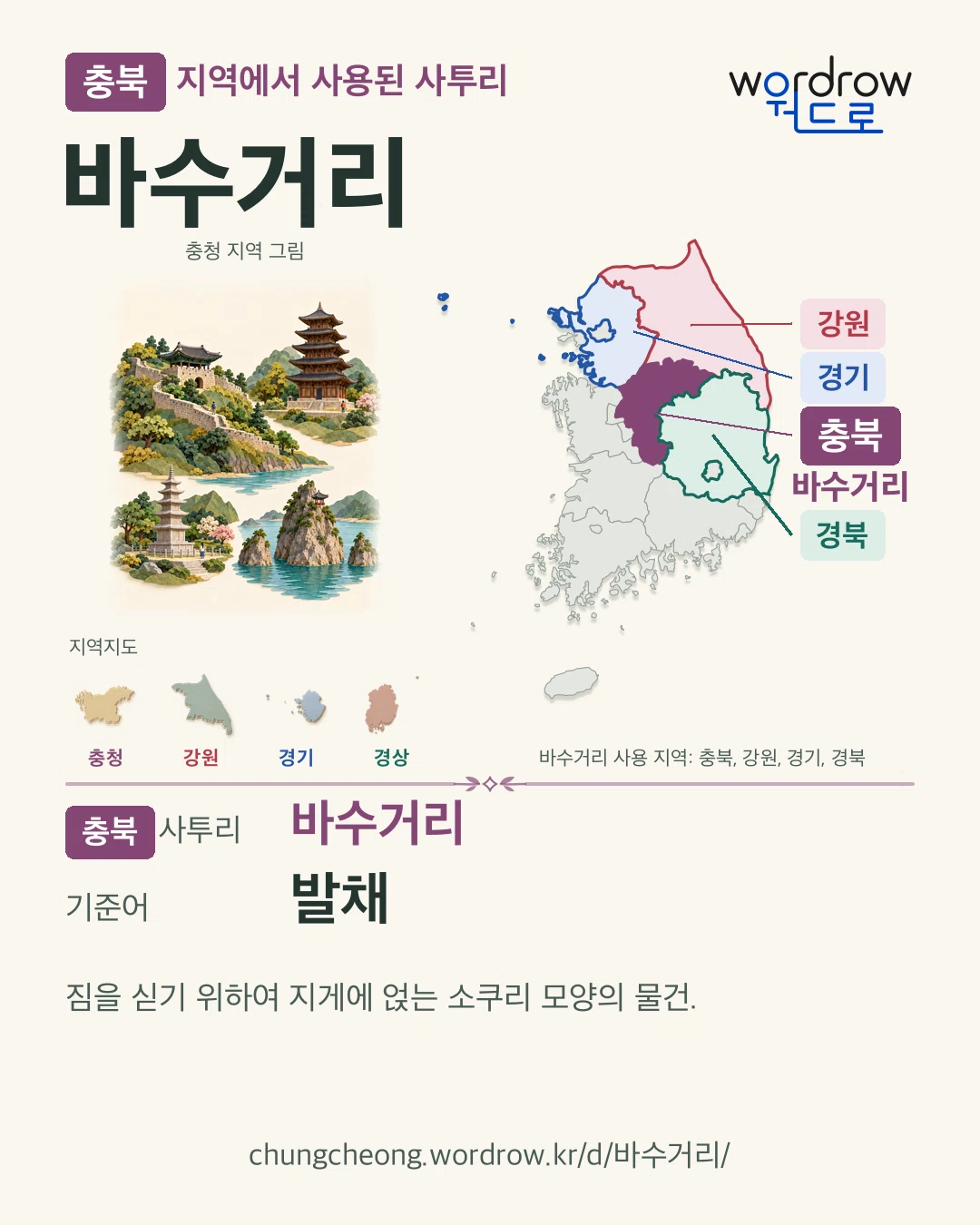 충북 지역에서 사용된 사투리 ‘바수거리’. 기준어: 발채. 기록 지역을 표시한 지역 그림과 지도 카드.
