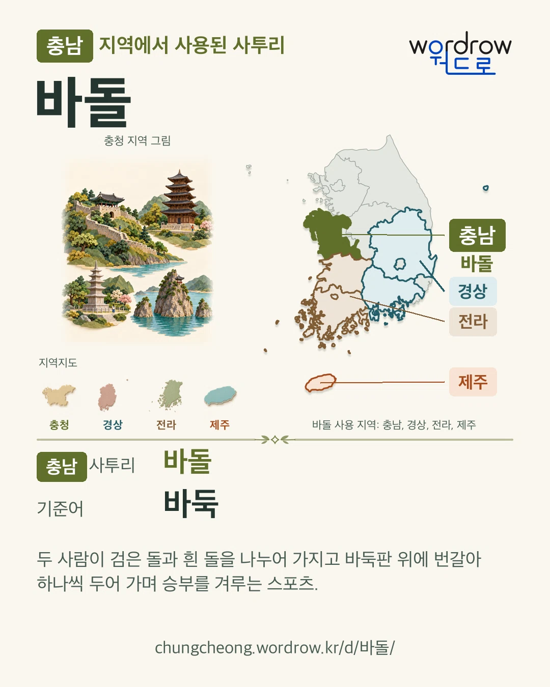 충남 지역에서 사용된 사투리 ‘바돌’. 기준어: 바둑. 기록 지역을 표시한 지역 그림과 지도 카드.