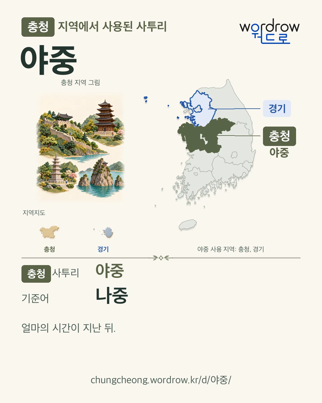충청 지역에서 사용된 사투리 ‘야중’. 기준어: 나중. 기록 지역을 표시한 지역 그림과 지도 카드.