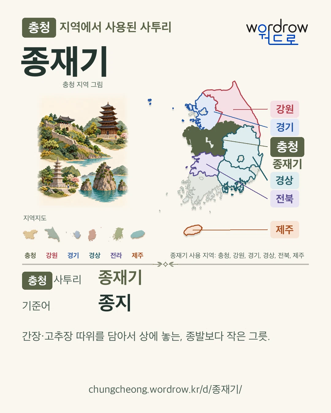 충청 지역에서 사용된 사투리 ‘종재기’. 기준어: 종지. 기록 지역을 표시한 지역 그림과 지도 카드.