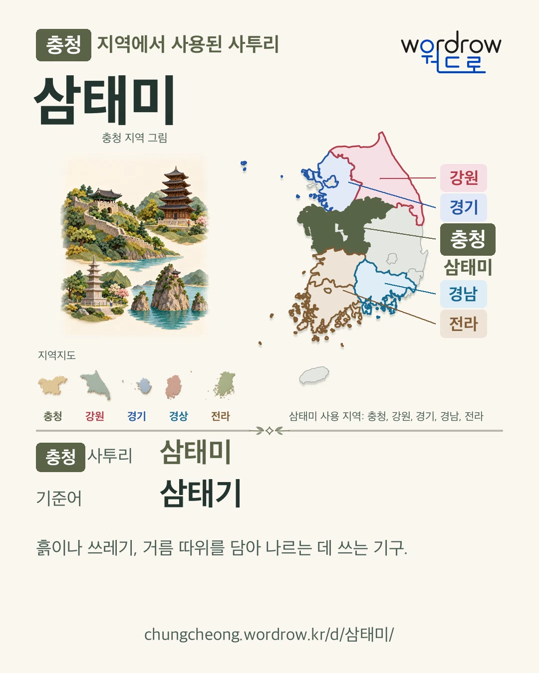 충청 지역에서 사용된 사투리 ‘삼태미’. 기준어: 삼태기. 기록 지역을 표시한 지역 그림과 지도 카드.