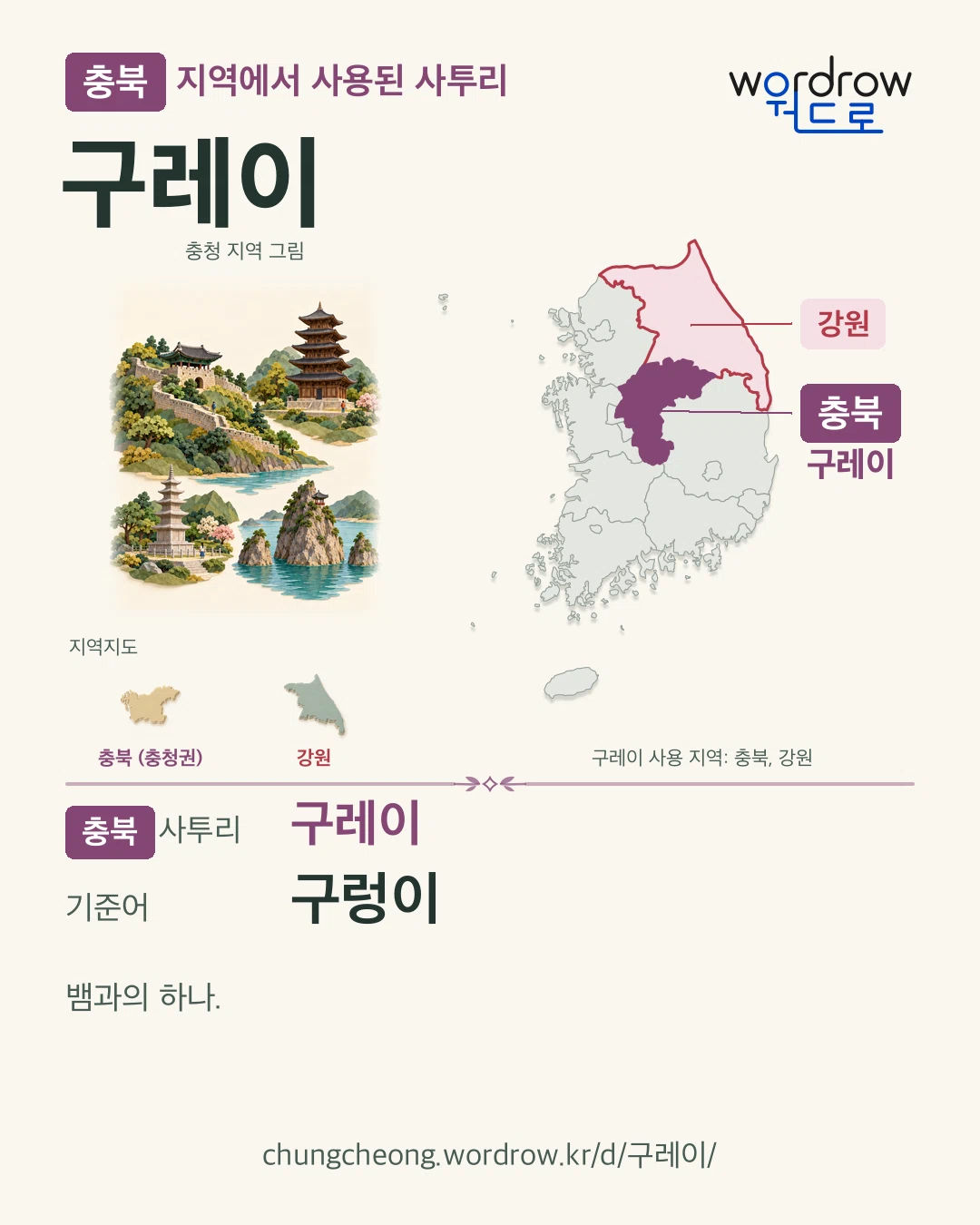 충북 지역에서 사용된 사투리 ‘구레이’. 기준어: 구렁이. 기록 지역을 표시한 지역 그림과 지도 카드.