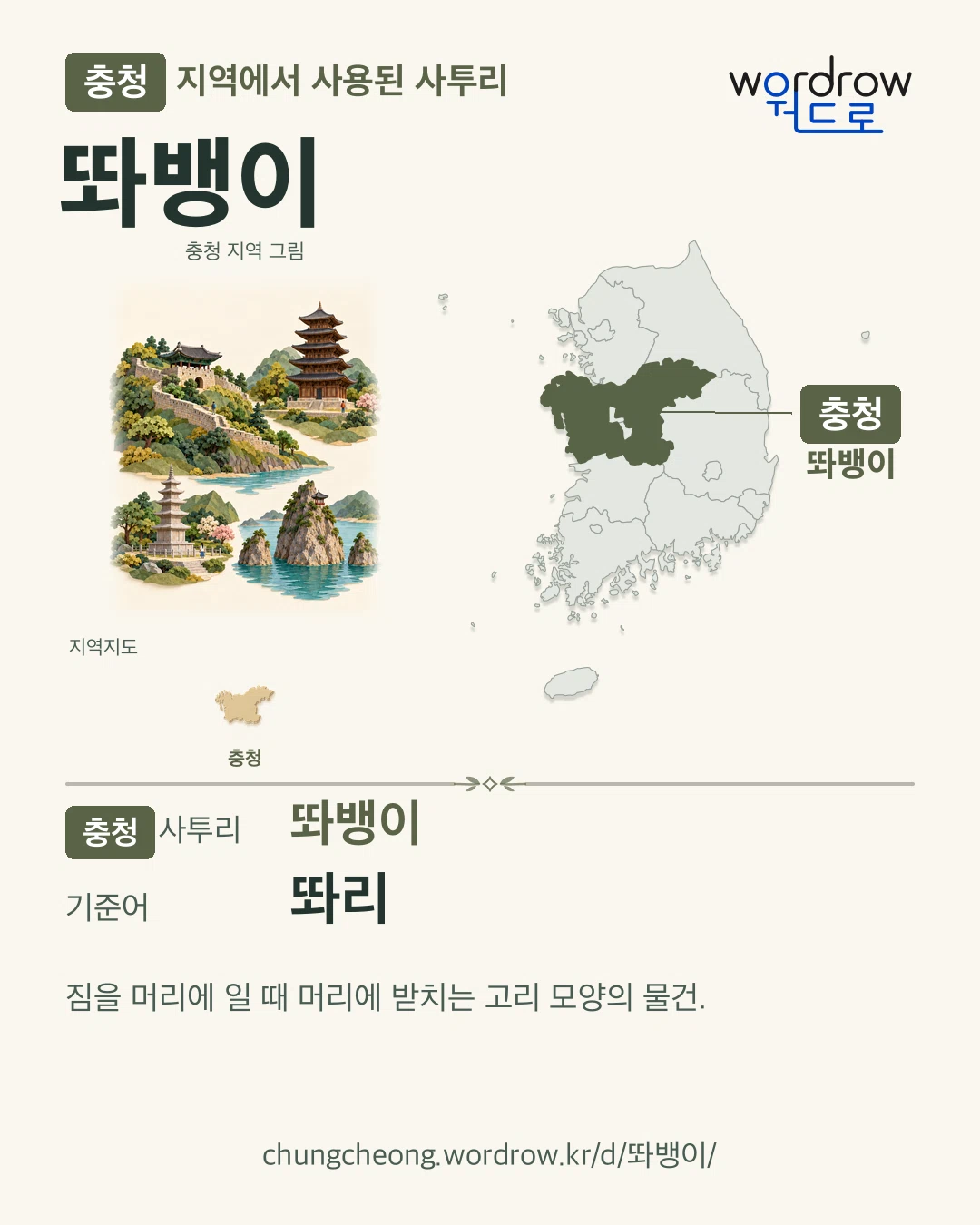 충청 지역에서 사용된 사투리 ‘똬뱅이’. 기준어: 똬리. 기록 지역을 표시한 지역 그림과 지도 카드.