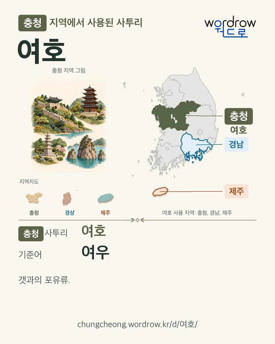 충청 지역에서 사용된 사투리 ‘여호’. 기준어: 여우. 기록 지역을 표시한 지역 그림과 지도 카드.