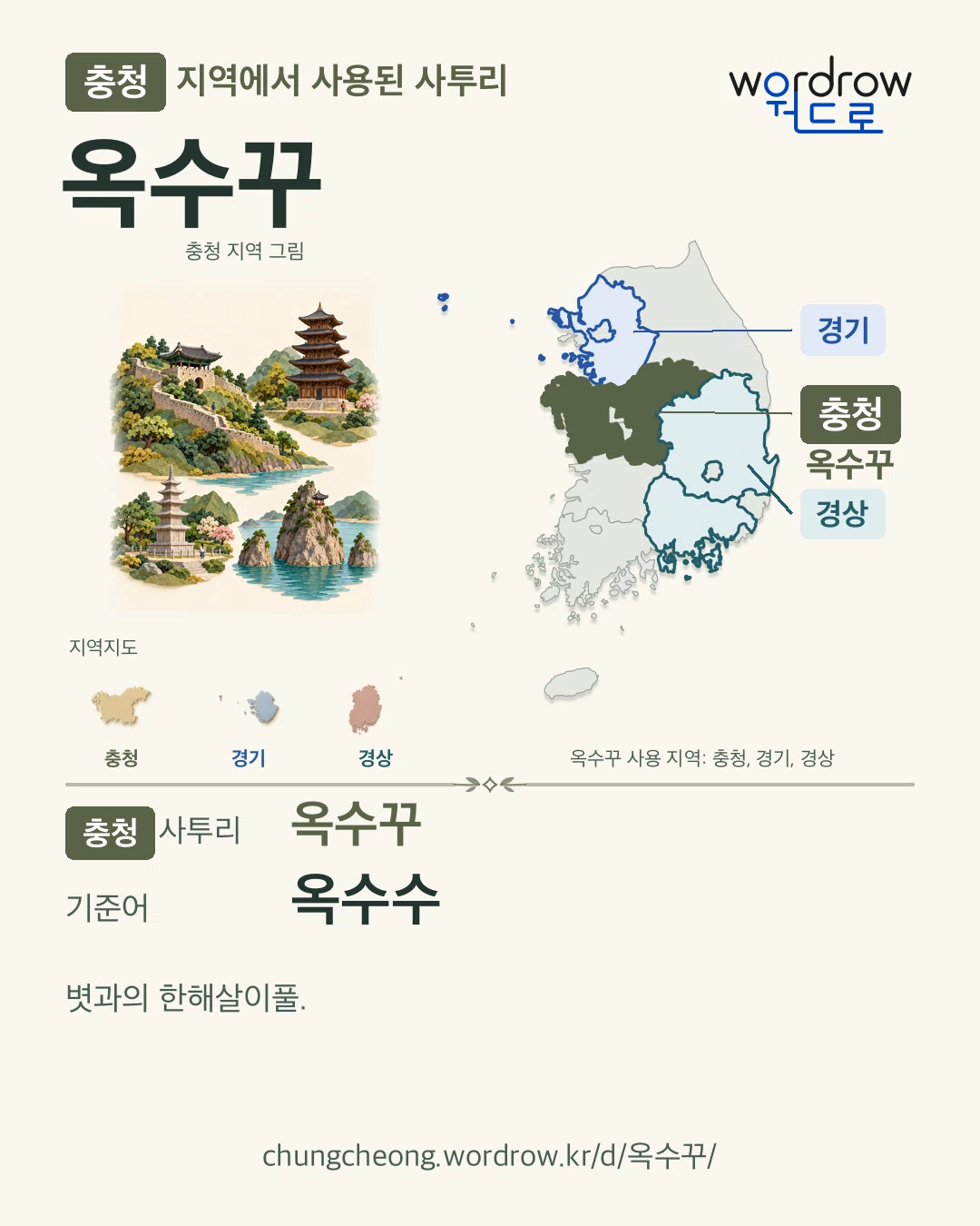 충청 지역에서 사용된 사투리 ‘옥수꾸’. 기준어: 옥수수. 기록 지역을 표시한 지역 그림과 지도 카드.