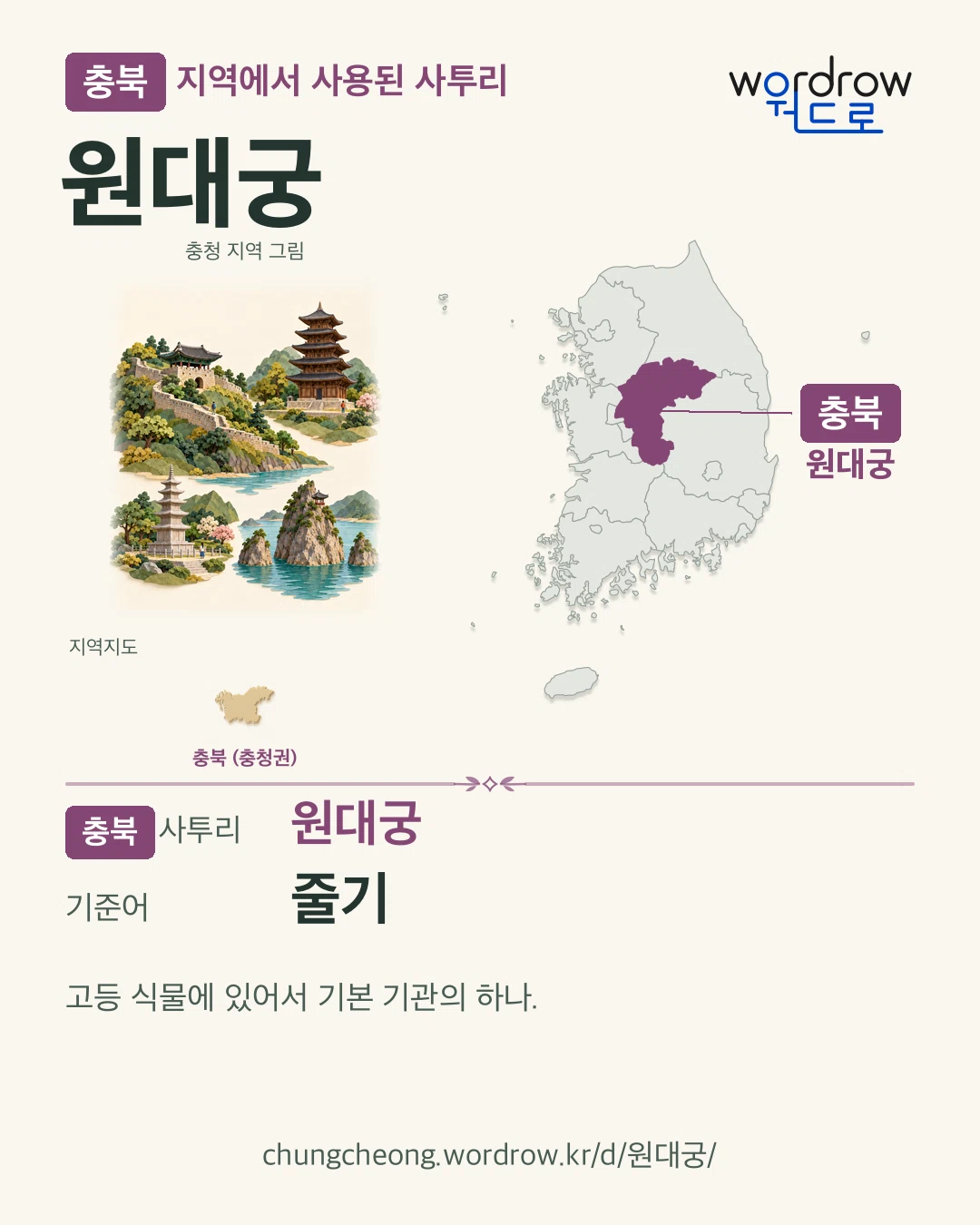 충북 지역에서 사용된 사투리 ‘원대궁’. 기준어: 줄기. 기록 지역을 표시한 지역 그림과 지도 카드.