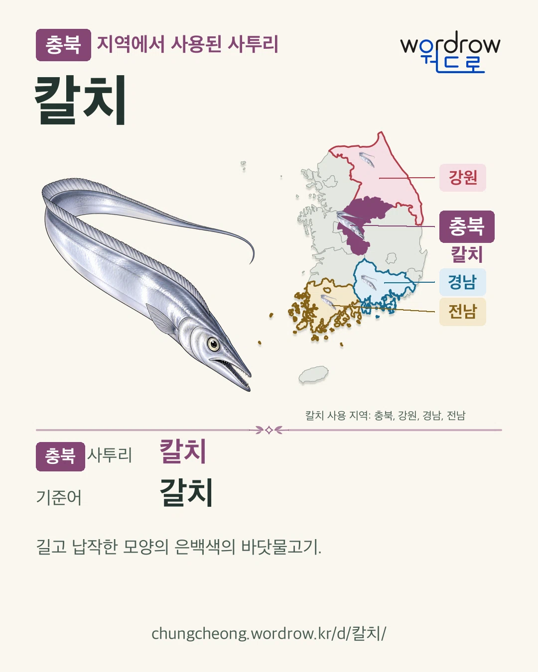충북 지역에서 사용된 사투리 ‘칼치’. 기준어: 갈치. 기록 지역을 표시한 카툰 삽화와 지도 카드.