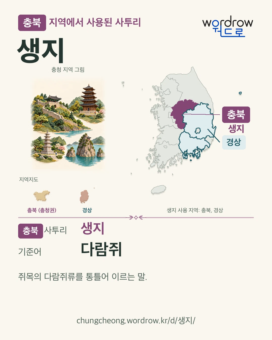 충북 지역에서 사용된 사투리 ‘생지’. 기준어: 다람쥐. 기록 지역을 표시한 지역 그림과 지도 카드.