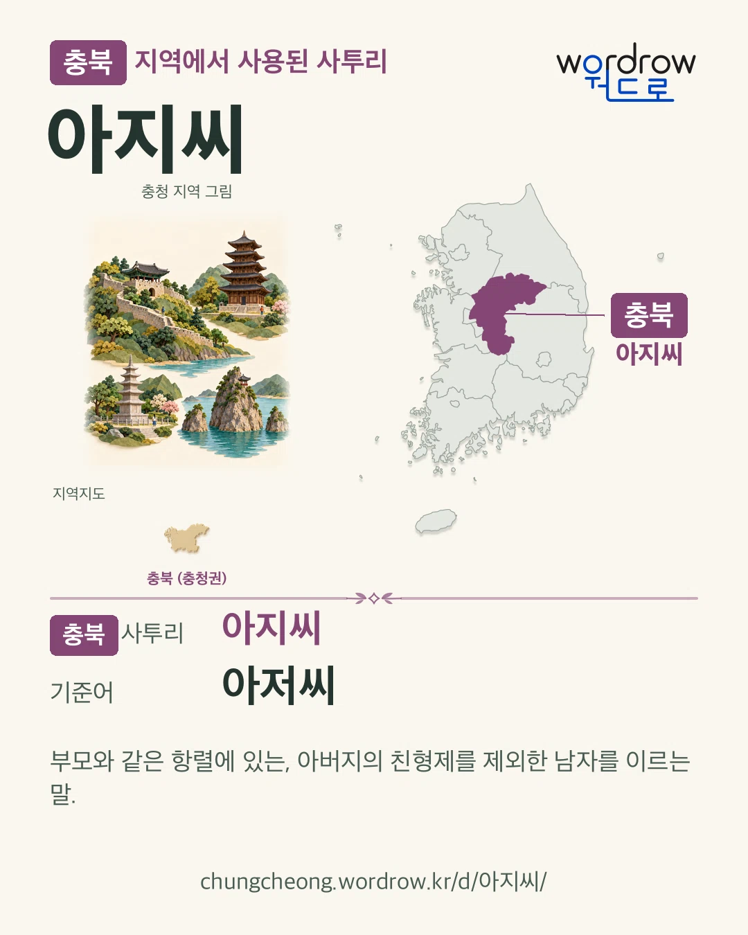 충북 지역에서 사용된 사투리 ‘아지씨’. 기준어: 아저씨. 기록 지역을 표시한 지역 그림과 지도 카드.