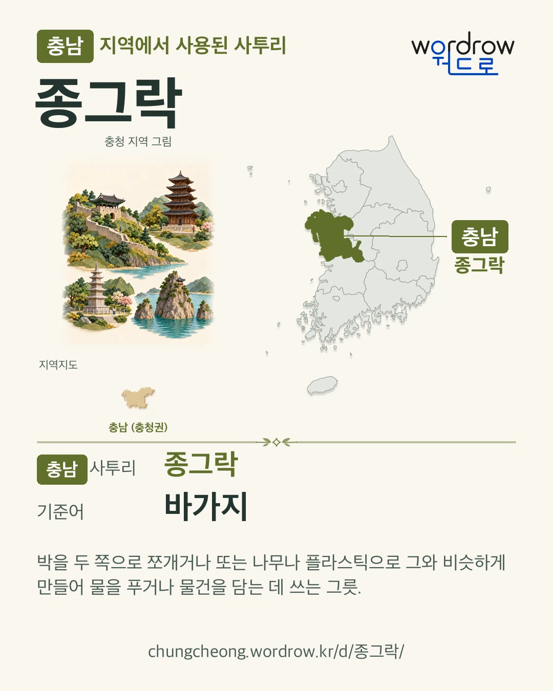 충남 지역에서 사용된 사투리 ‘종그락’. 기준어: 바가지. 기록 지역을 표시한 지역 그림과 지도 카드.