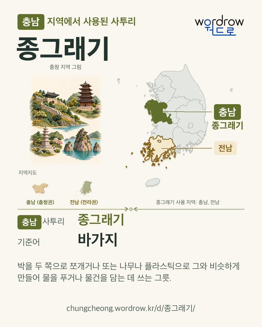 충남 지역에서 사용된 사투리 ‘종그래기’. 기준어: 바가지. 기록 지역을 표시한 지역 그림과 지도 카드.