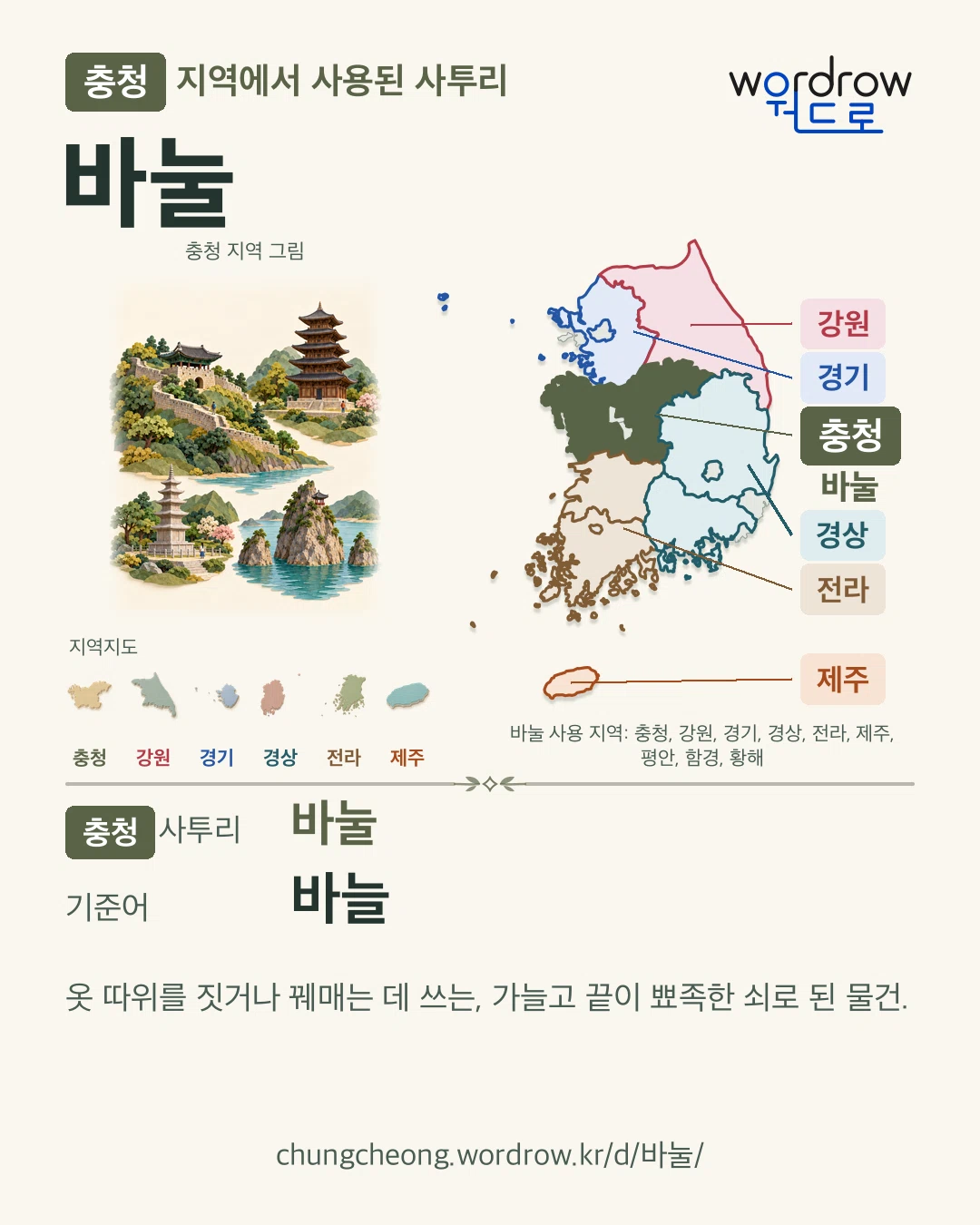 충청 지역에서 사용된 사투리 ‘바눌’. 기준어: 바늘. 기록 지역을 표시한 지역 그림과 지도 카드.