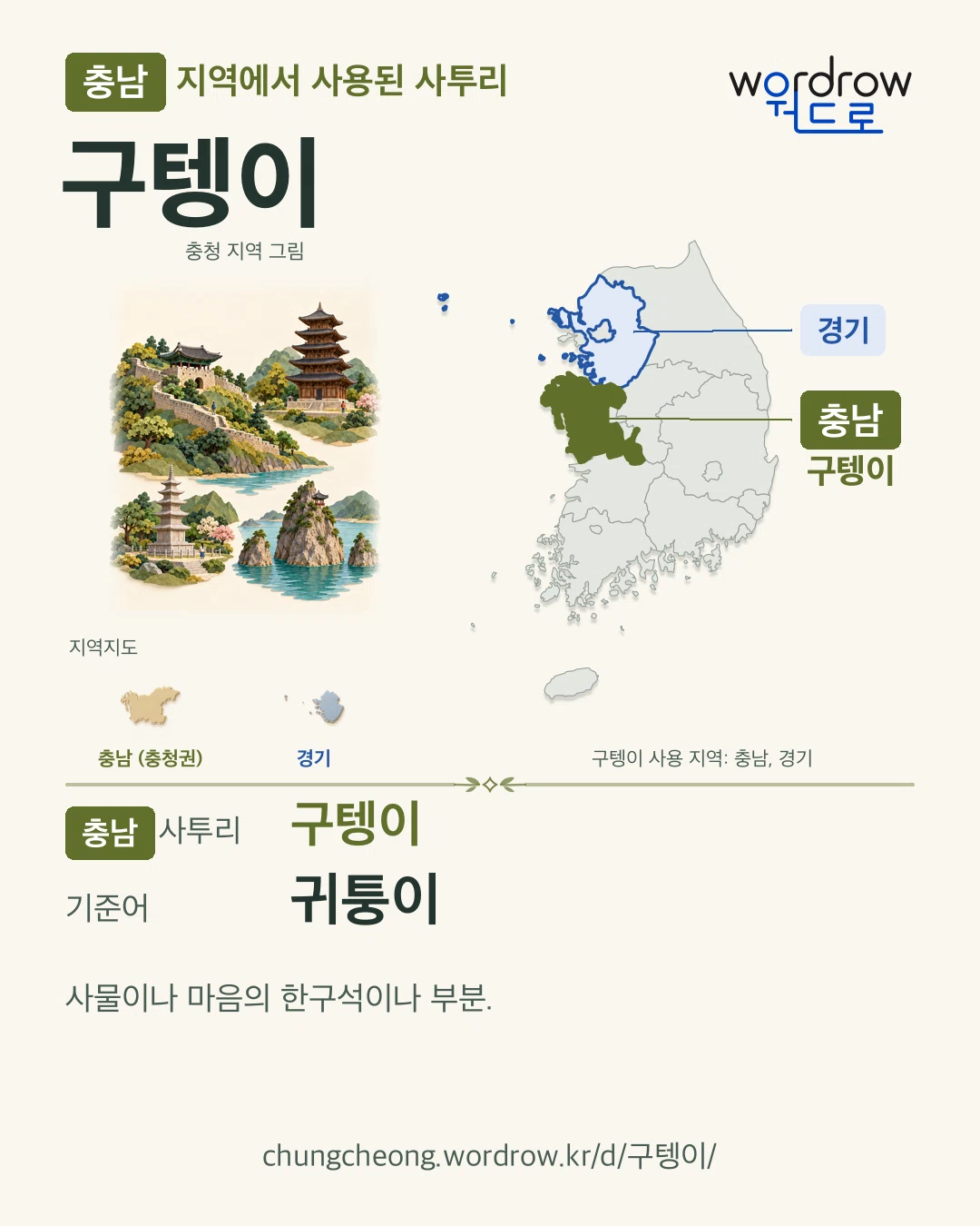 충남 지역에서 사용된 사투리 ‘구텡이’. 기준어: 귀퉁이. 기록 지역을 표시한 지역 그림과 지도 카드.