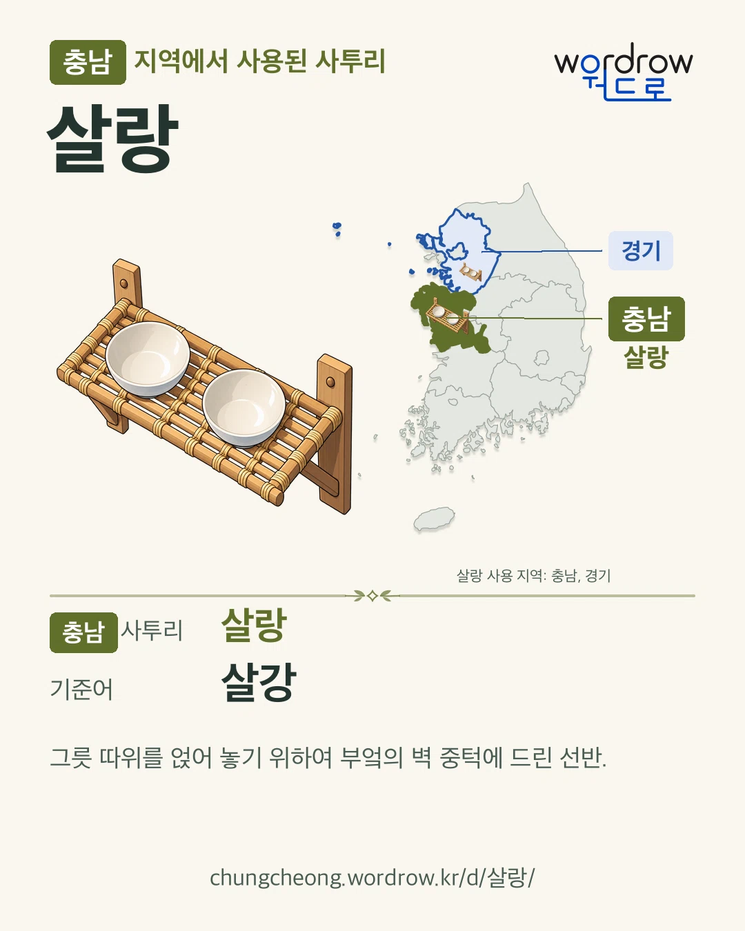 충남 지역에서 사용된 사투리 ‘살랑’. 기준어: 살강. 기록 지역을 표시한 카툰 삽화와 지도 카드.