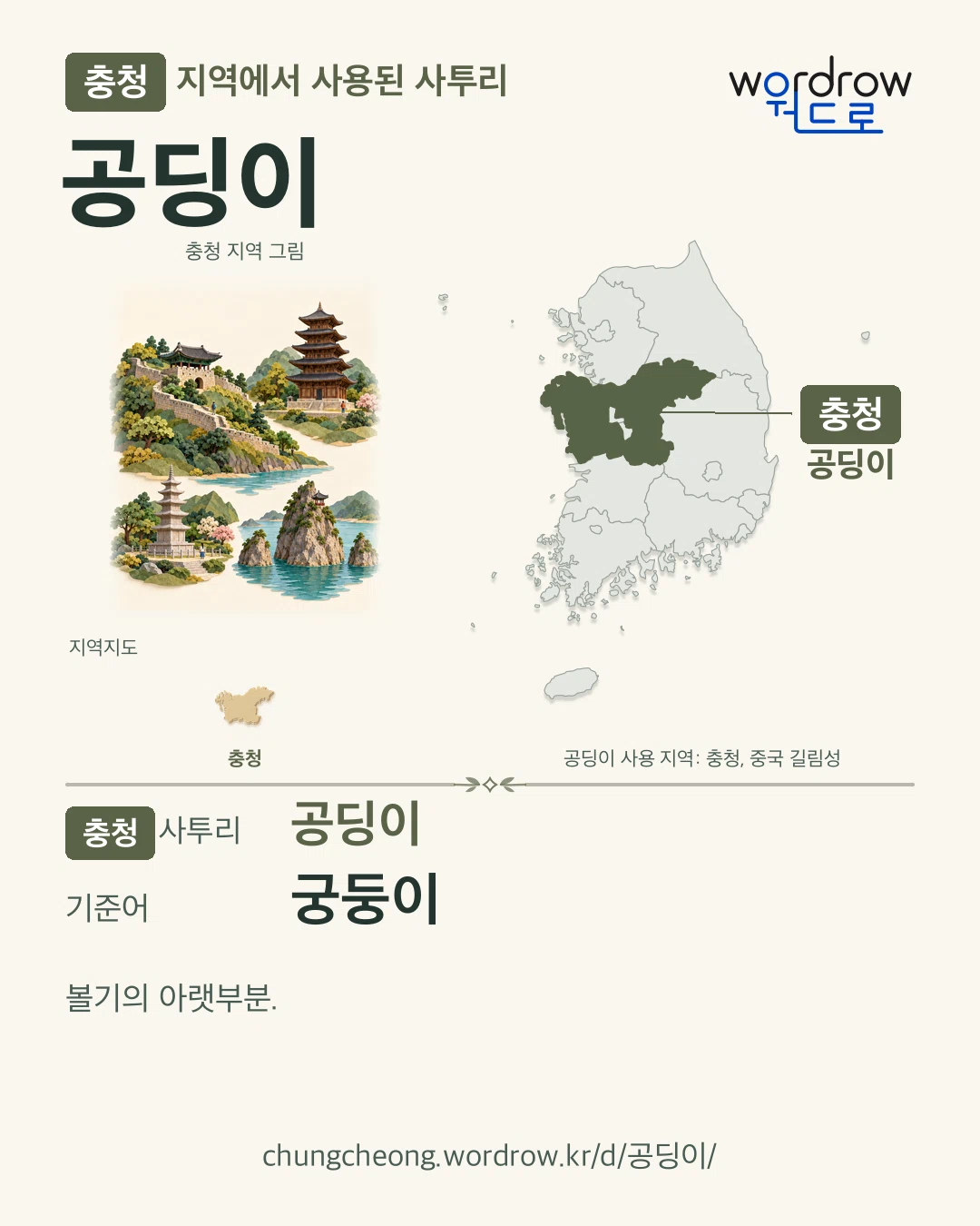 충청 지역에서 사용된 사투리 ‘공딩이’. 기준어: 궁둥이. 기록 지역을 표시한 지역 그림과 지도 카드.