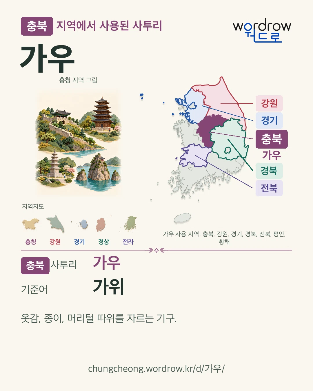 충북 지역에서 사용된 사투리 ‘가우’. 기준어: 가위. 기록 지역을 표시한 지역 그림과 지도 카드.