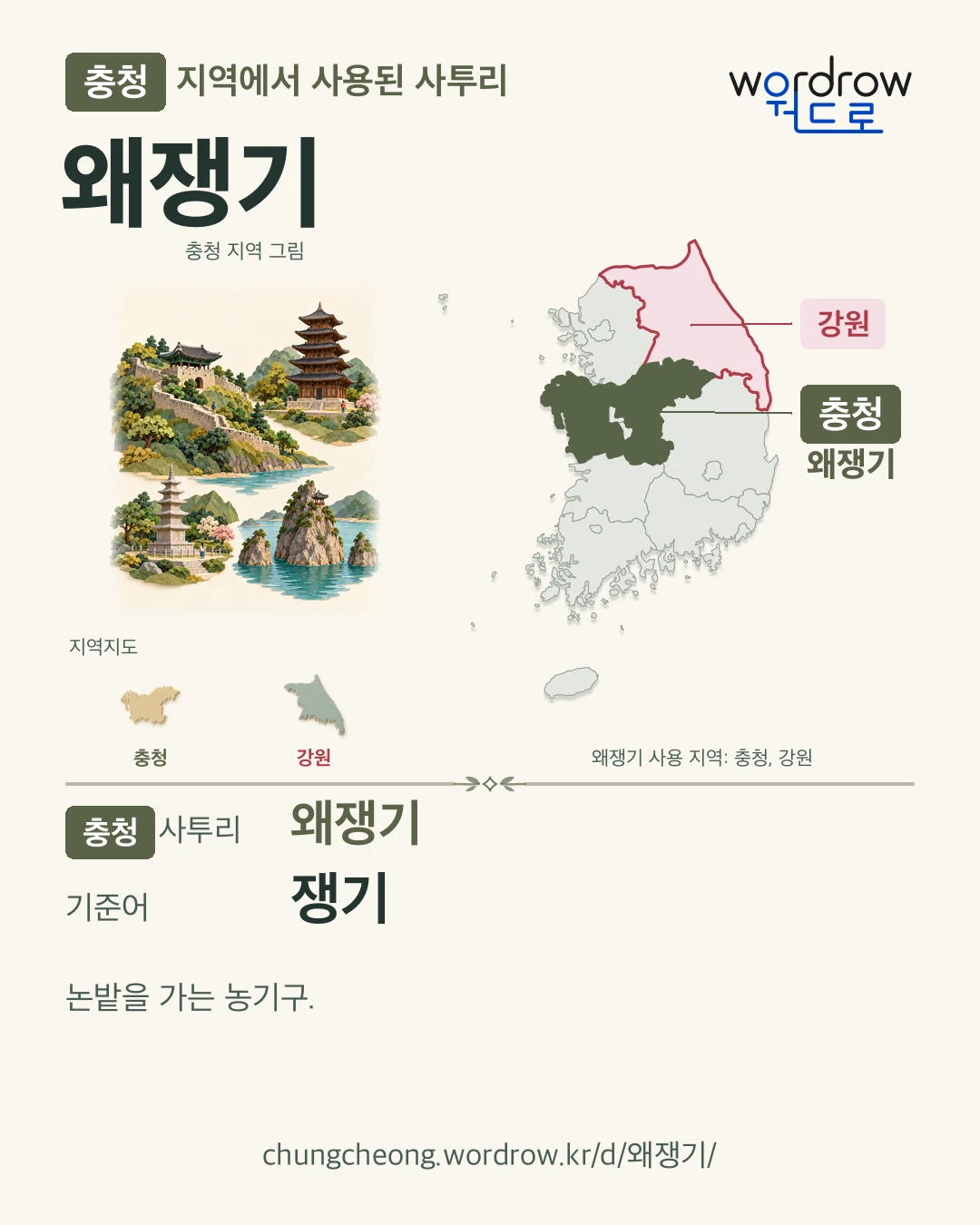 충청 지역에서 사용된 사투리 ‘왜쟁기’. 기준어: 쟁기. 기록 지역을 표시한 지역 그림과 지도 카드.