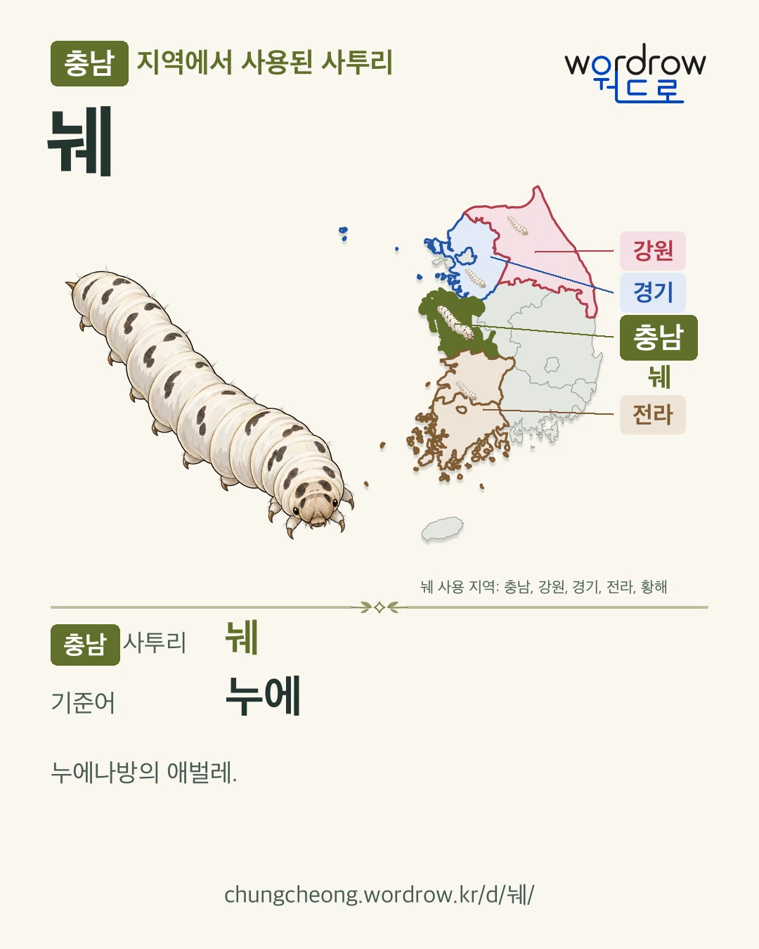 충남 지역에서 사용된 사투리 ‘눼’. 기준어: 누에. 기록 지역을 표시한 카툰 삽화와 지도 카드.