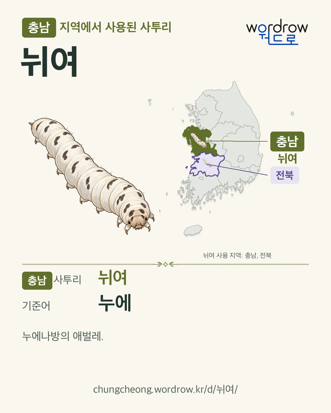 충남 지역에서 사용된 사투리 ‘뉘여’. 기준어: 누에. 기록 지역을 표시한 카툰 삽화와 지도 카드.