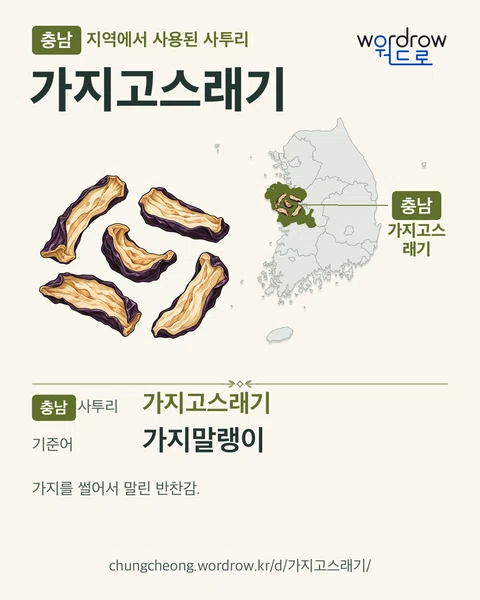 충남 지역에서 사용된 사투리 ‘가지고스래기’. 기준어: 가지말랭이. 기록 지역을 표시한 카툰 삽화와 지도 카드.