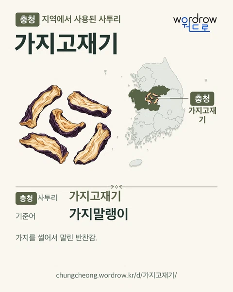 충청 지역에서 사용된 사투리 ‘가지고재기’. 기준어: 가지말랭이. 기록 지역을 표시한 카툰 삽화와 지도 카드.