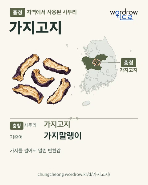 충청 지역에서 사용된 사투리 ‘가지고지’. 기준어: 가지말랭이. 기록 지역을 표시한 카툰 삽화와 지도 카드.