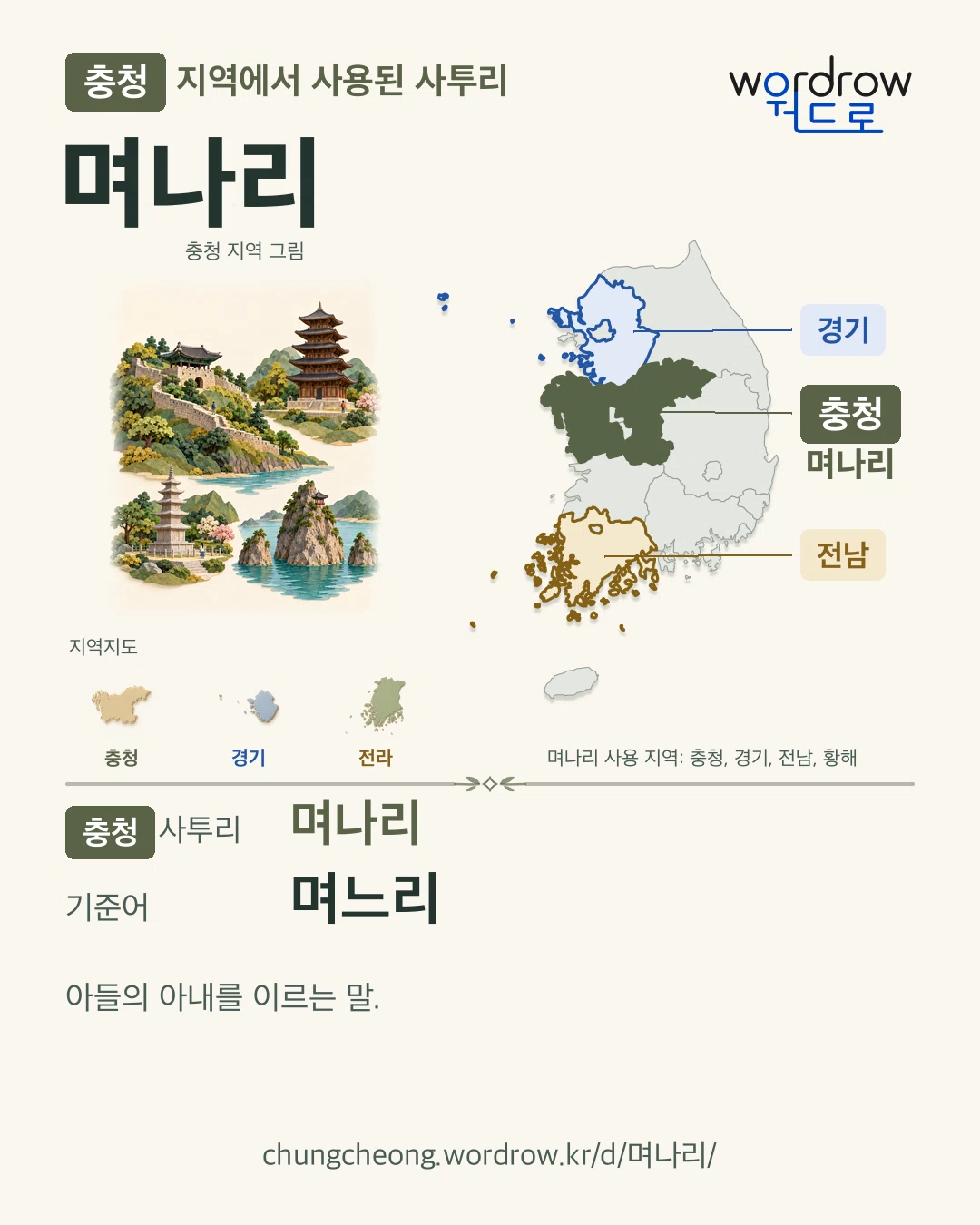 충청 지역에서 사용된 사투리 ‘며나리’. 기준어: 며느리. 기록 지역을 표시한 지역 그림과 지도 카드.