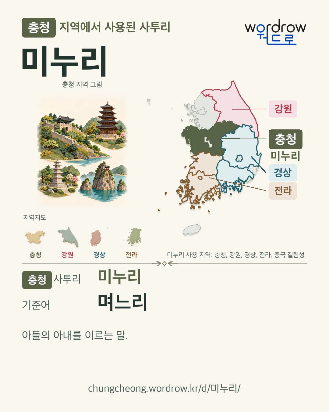 충청 지역에서 사용된 사투리 ‘미누리’. 기준어: 며느리. 기록 지역을 표시한 지역 그림과 지도 카드.