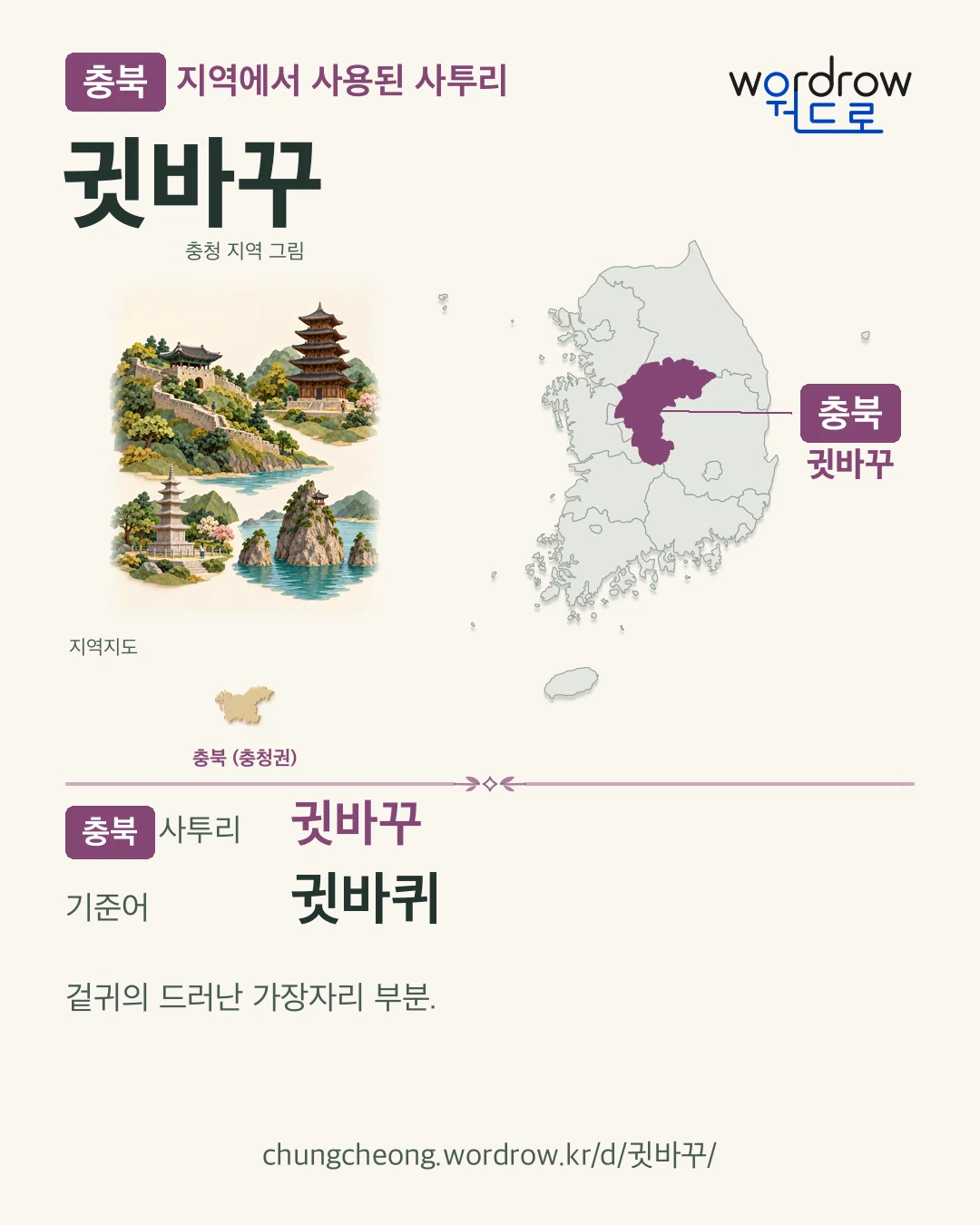 충북 지역에서 사용된 사투리 ‘귓바꾸’. 기준어: 귓바퀴. 기록 지역을 표시한 지역 그림과 지도 카드.