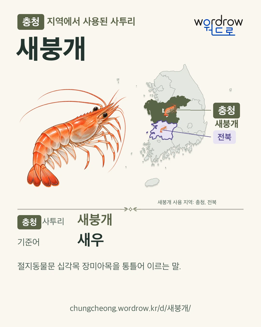 충청 지역에서 사용된 사투리 ‘새붕개’. 기준어: 새우. 기록 지역을 표시한 카툰 삽화와 지도 카드.