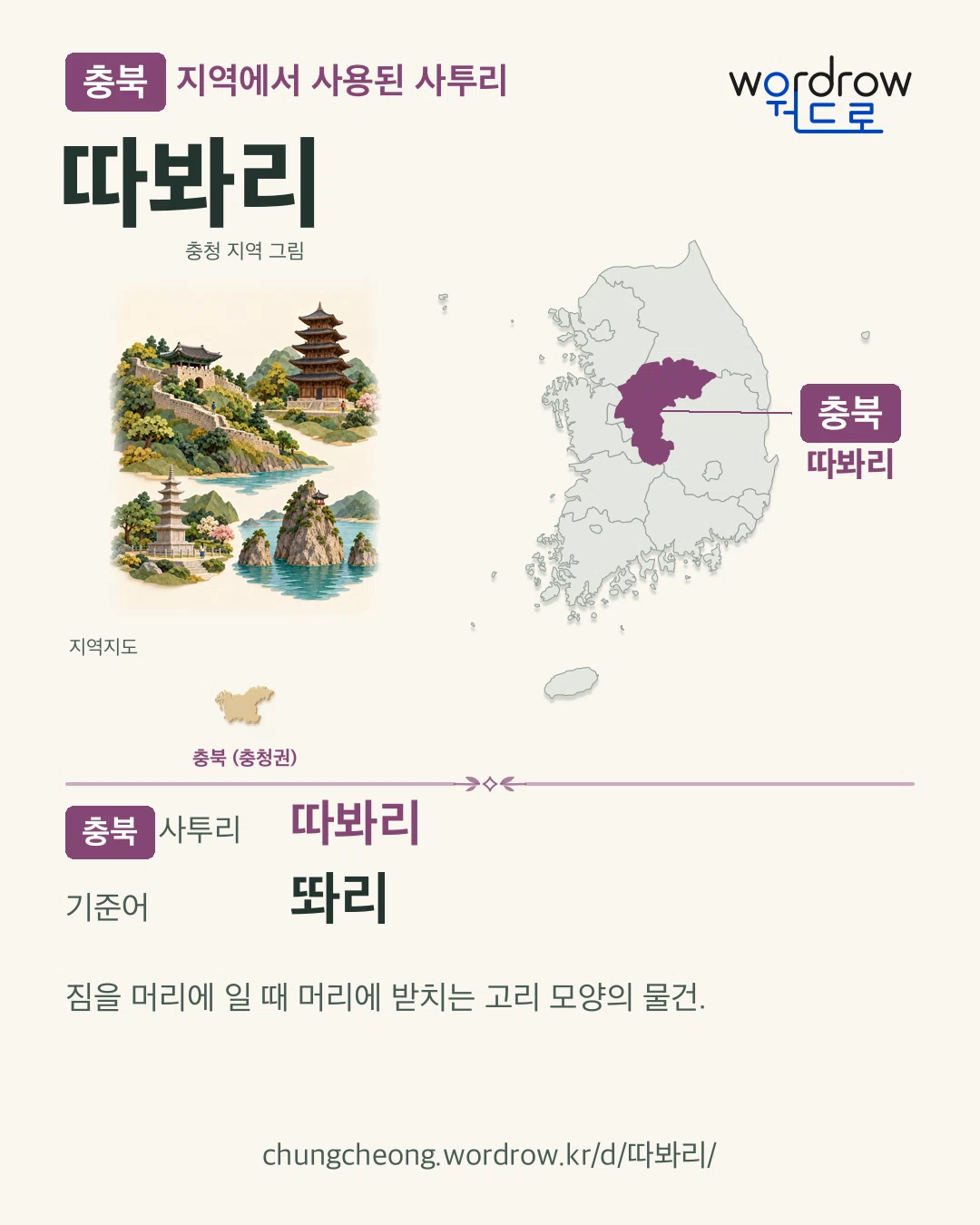 충북 지역에서 사용된 사투리 ‘따봐리’. 기준어: 똬리. 기록 지역을 표시한 지역 그림과 지도 카드.
