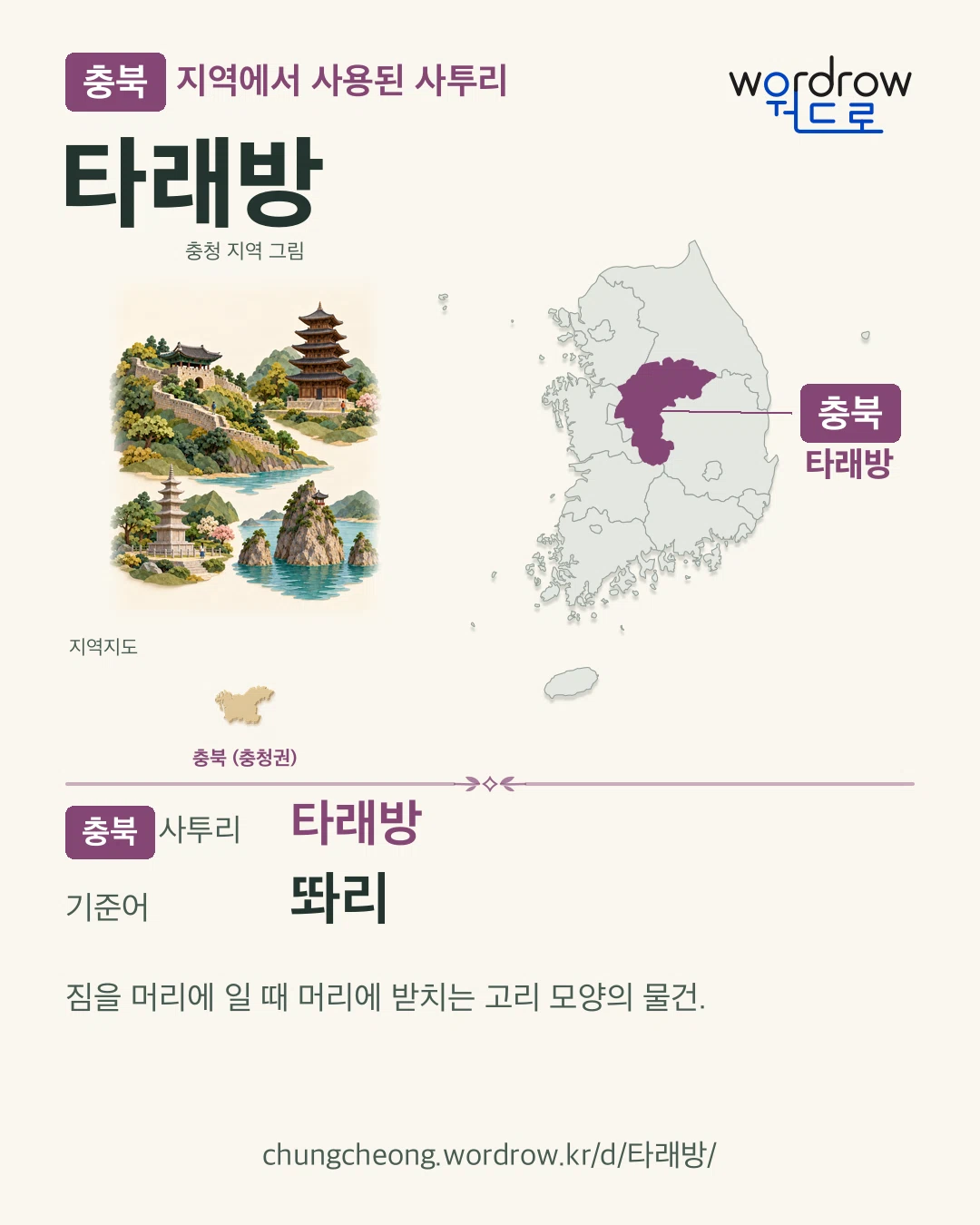 충북 지역에서 사용된 사투리 ‘타래방’. 기준어: 똬리. 기록 지역을 표시한 지역 그림과 지도 카드.