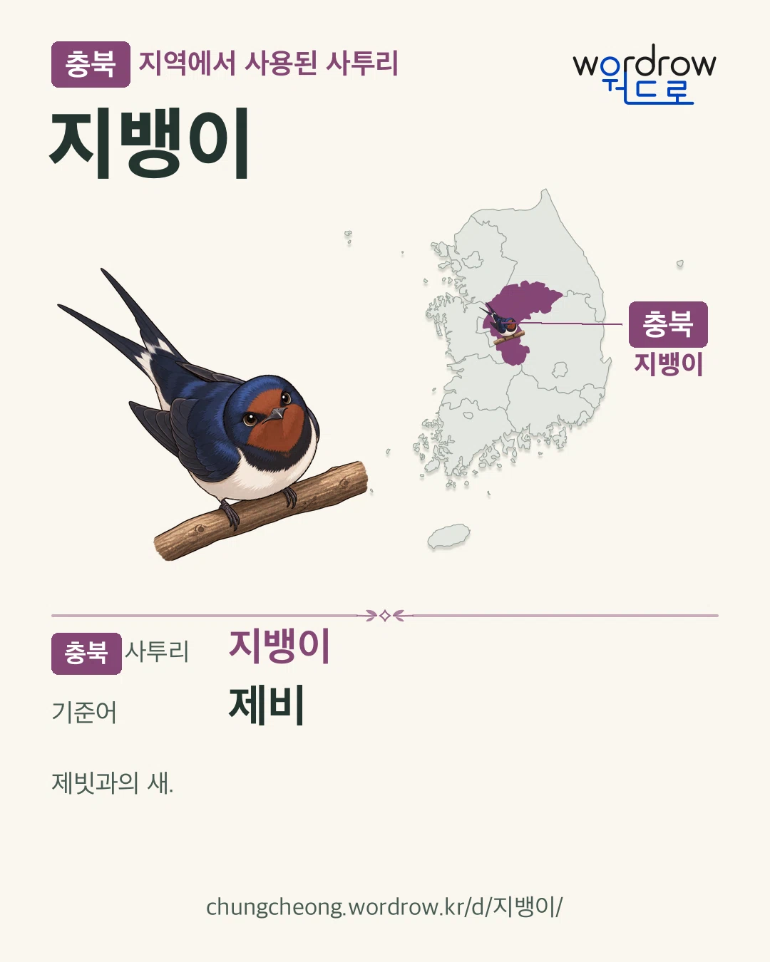 충북 지역에서 사용된 사투리 ‘지뱅이’. 기준어: 제비. 기록 지역을 표시한 카툰 삽화와 지도 카드.