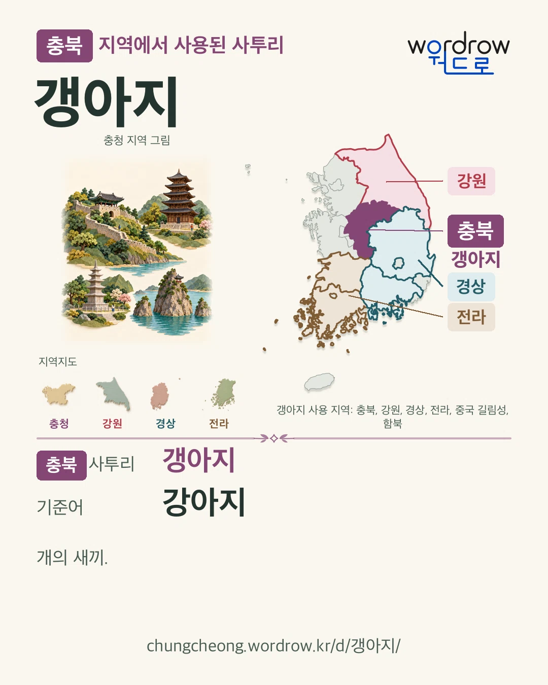 충북 지역에서 사용된 사투리 ‘갱아지’. 기준어: 강아지. 기록 지역을 표시한 지역 그림과 지도 카드.