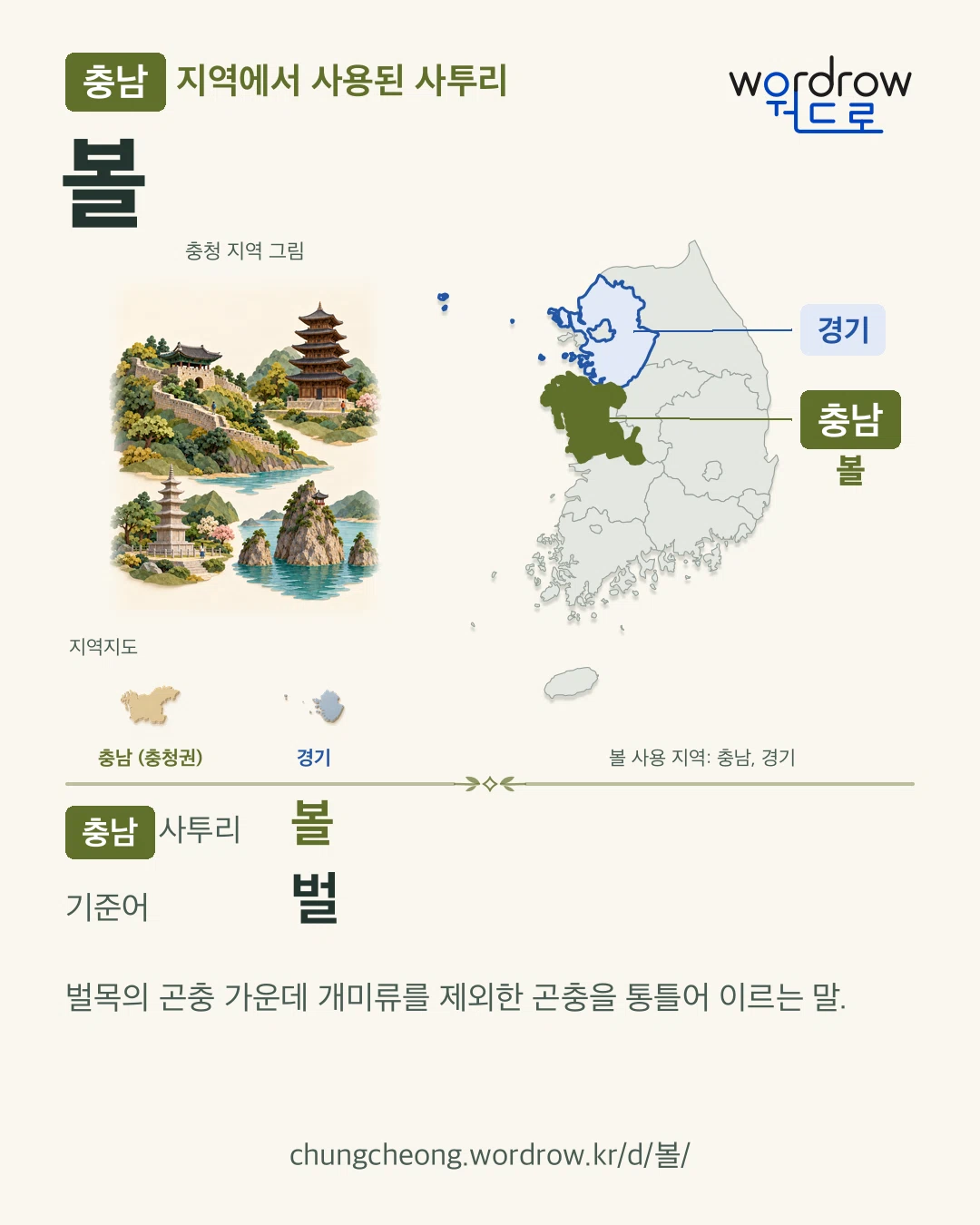 충남 지역에서 사용된 사투리 ‘볼’. 기준어: 벌. 기록 지역을 표시한 지역 그림과 지도 카드.