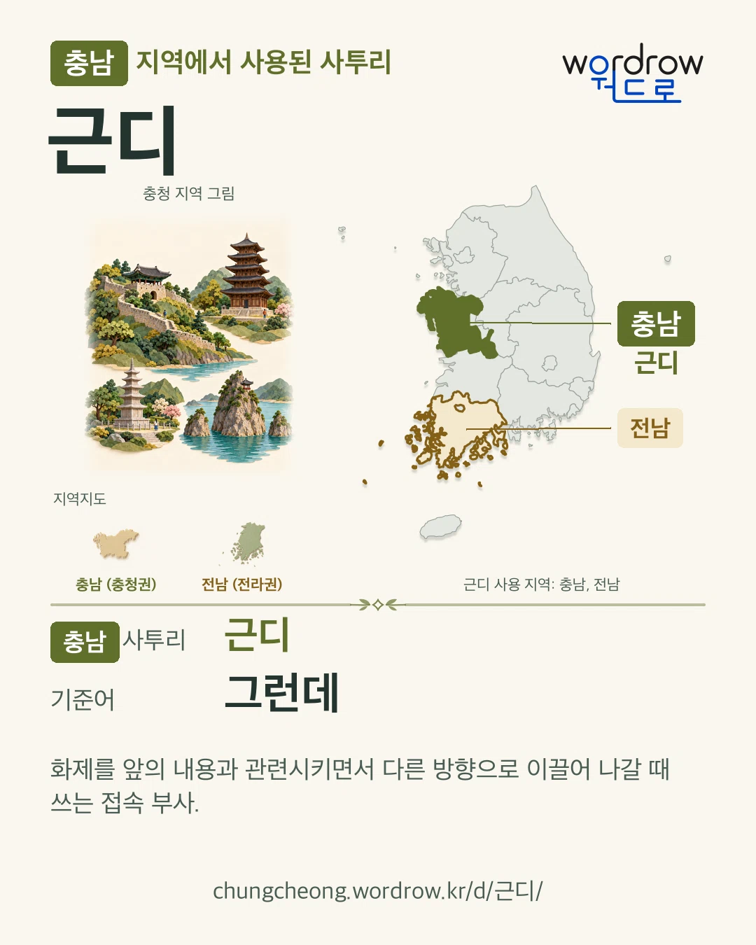 충남 지역에서 사용된 사투리 ‘근디’. 기준어: 그런데. 기록 지역을 표시한 지역 그림과 지도 카드.