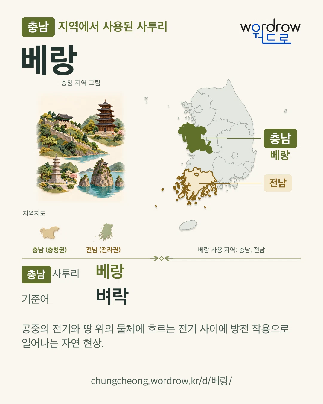 충남 지역에서 사용된 사투리 ‘베랑’. 기준어: 벼락. 기록 지역을 표시한 지역 그림과 지도 카드.