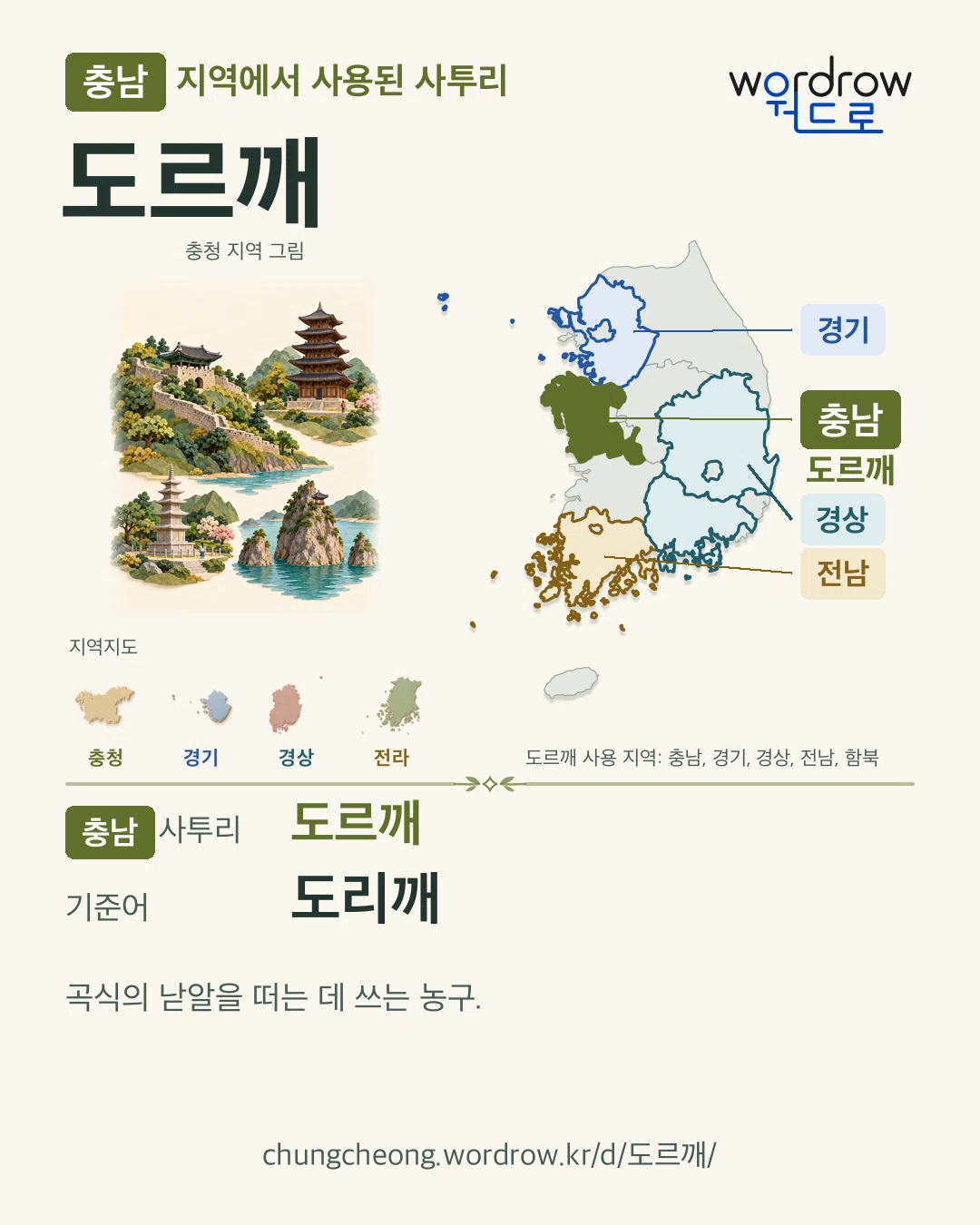 충남 지역에서 사용된 사투리 ‘도르깨’. 기준어: 도리깨. 기록 지역을 표시한 지역 그림과 지도 카드.
