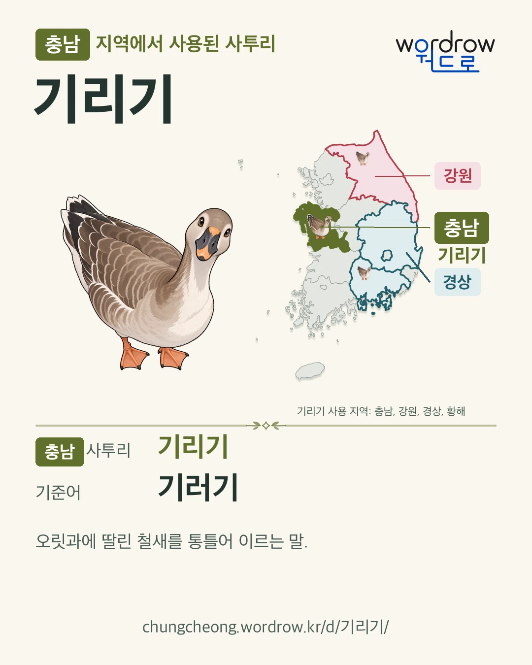 충남 지역에서 사용된 사투리 ‘기리기’. 기준어: 기러기. 기록 지역을 표시한 카툰 삽화와 지도 카드.
