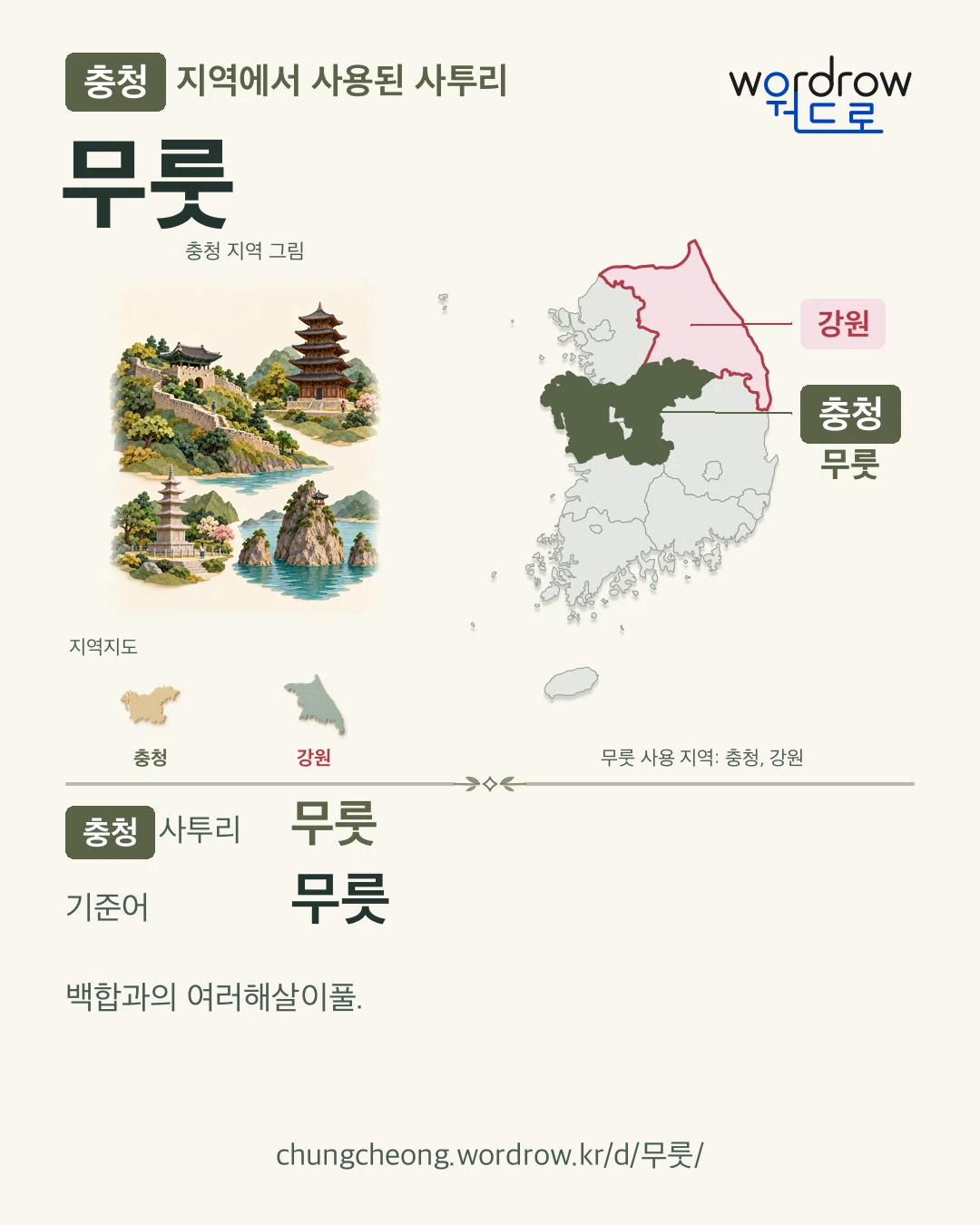 충청 지역에서 사용된 사투리 ‘무룻’. 기준어: 무릇. 기록 지역을 표시한 지역 그림과 지도 카드.