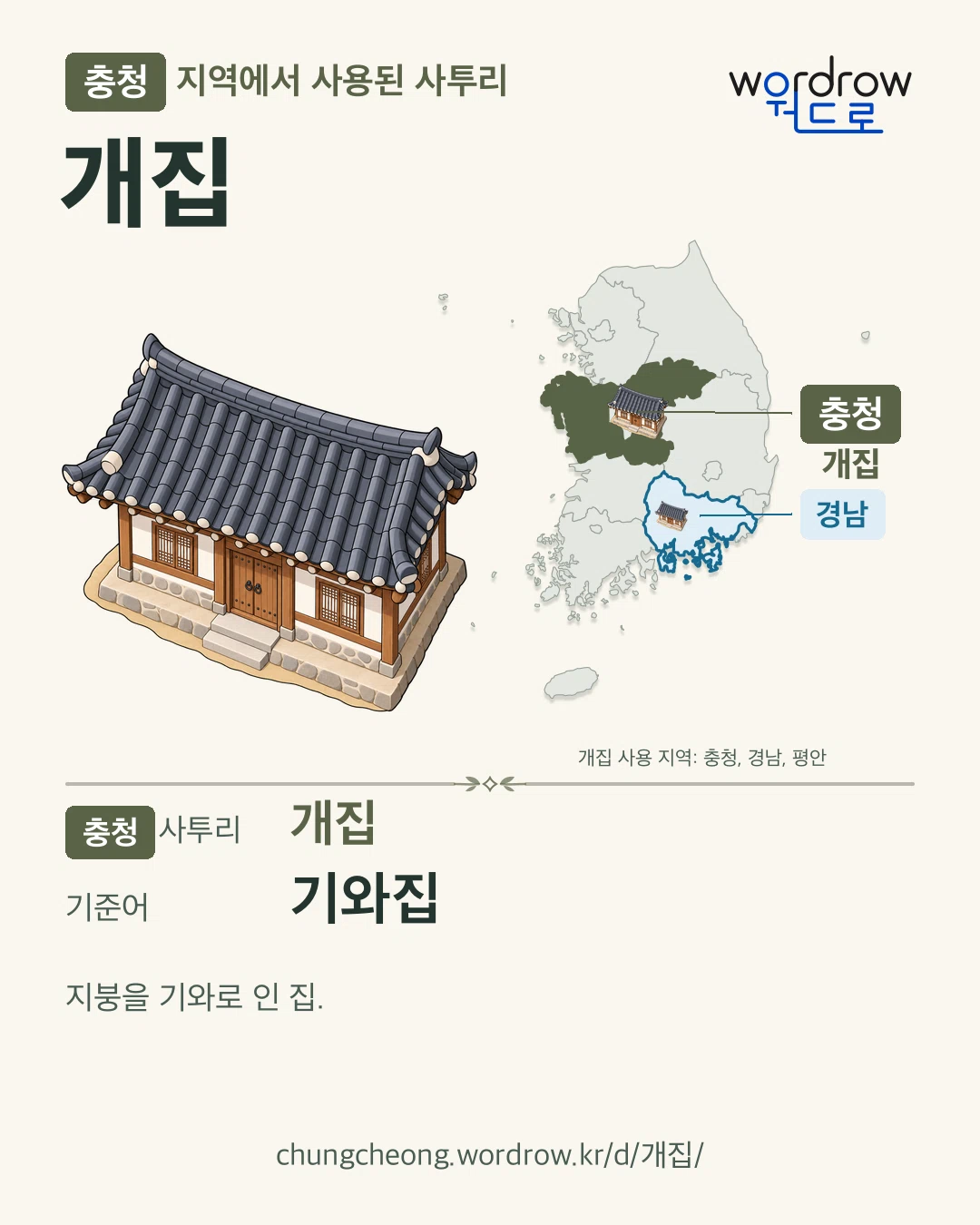 충청 지역에서 사용된 사투리 ‘개집’. 기준어: 기와집. 기록 지역을 표시한 카툰 삽화와 지도 카드.