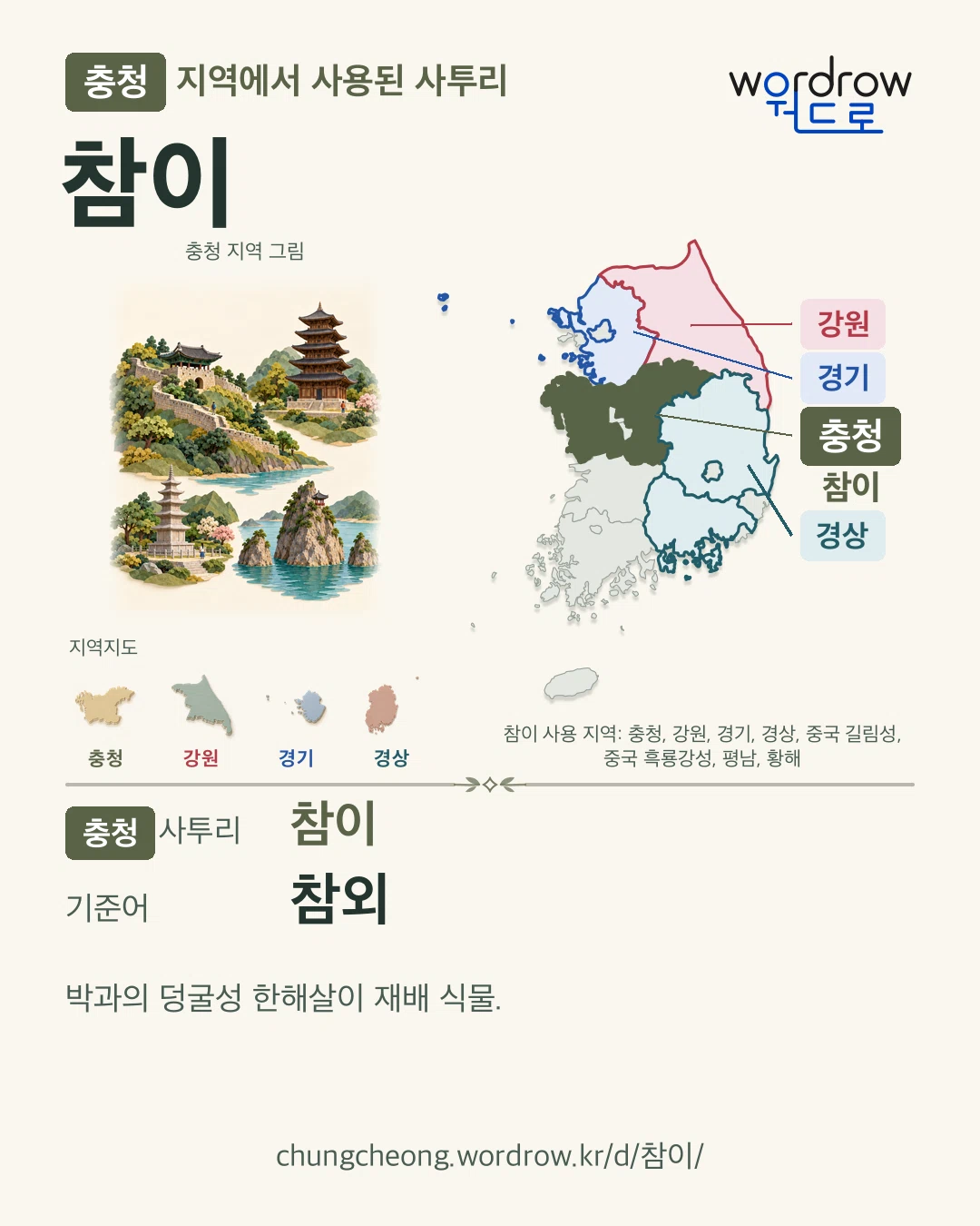 충청 지역에서 사용된 사투리 ‘참이’. 기준어: 참외. 기록 지역을 표시한 지역 그림과 지도 카드.
