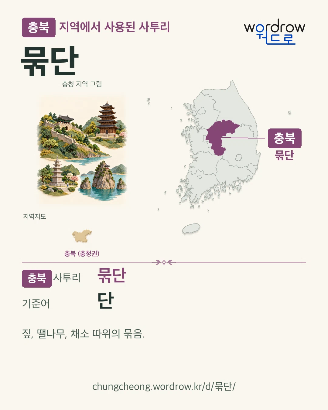 충북 지역에서 사용된 사투리 ‘묶단’. 기준어: 단. 기록 지역을 표시한 지역 그림과 지도 카드.